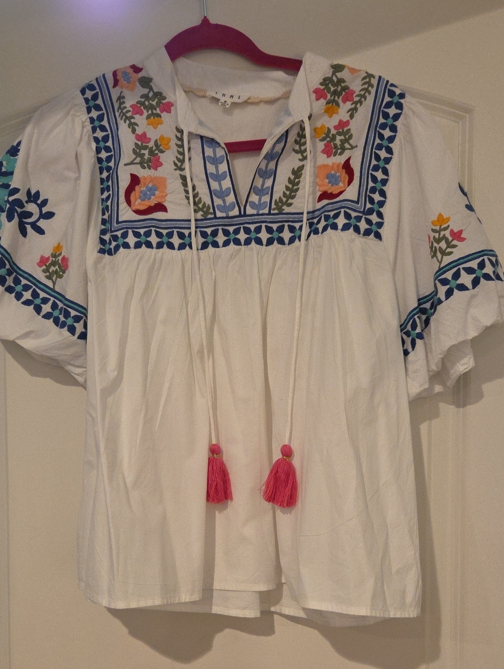 THML White Embroidered Peasant Blouse with Multicolor Floral Accents